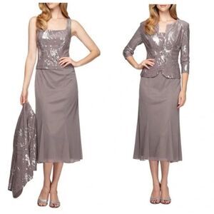 NEW Alex Evenings 2 Piece T-Length All Over Lace Jacket Dress with Sequin $269